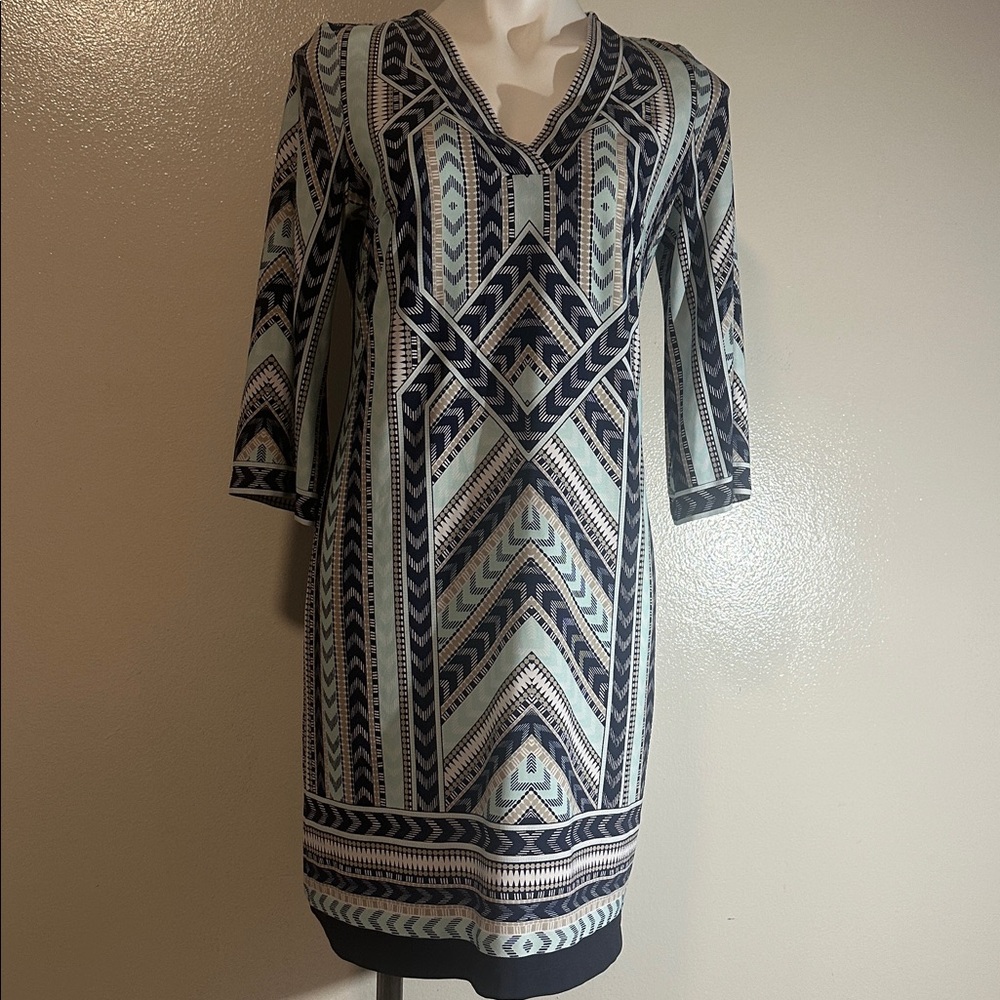 Sandra Darren Navy and Cream Geometric Midi Dress